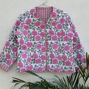 Veste matelassée à imprimé floral rose, col en V, manches trois quarts, en coton, vêtement d'extérieur pour le printemps, manteau pour femme - Product Image 1