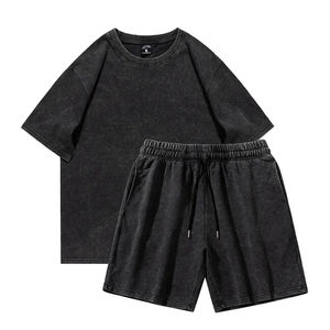 Ensemble décontracté d'été pour hommes, nouveau modèle, shorts et t-shirt à manches courtes, délavage acide, 100 % coton, couleur unie, vêtements de marque pour hommes, ensemble 2 pièces - Product Image 1