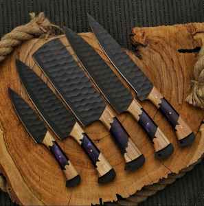 Ensemble de couteaux de cuisine en acier de haute qualité, faits à la main, avec revêtement en poudre noire, lame fixe, étui en cuir pour chef de cuisine - Product Image 3