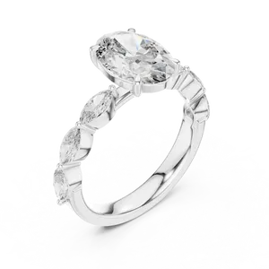 Bague de fiançailles ovale en diamant de laboratoire 2 carats, or massif 18 carats, 0,60 CTW, pierres latérales marquise, trois pierres, bijoux fins - Product Image 6