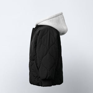 Chaqueta Acolchada con Capucha, Color Negro Sólido, Cortavientos, Abrigo de Invierno Unisex, Corte Regular Informal, Relleno de Poliéster, Estilo Holgado - Product Image 3