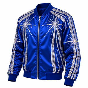 Chaqueta de Satén con Pedrería para Hombre, Azul Marino Brillante, Estilo Bomber, con Detalle de Corona de Cristal y Cierre Dorado, para Fiestas y Uso Casual - Product Image 2