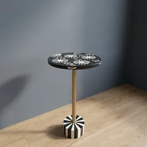 Modern Round Decorative <b>Side</b> <b>Table</b> with Patterned Wooden <b>Top</b> Metal Pedestal Geometric Base Contemporary Accent Furniture - Product Image 5