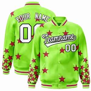 Varsity <b>Jacket</b> Lime Green Embossed Personalized Windproof Team Wholesale Polyester/Cotton Wool/Polyester Shell Stand Collar - Product Image 1
