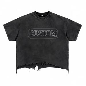 เสื้อยืดผู้ชายสไตล์วินเทจฟอกสี ทรงโอเวอร์ไซส์ ขาดรุ่ย ชายเสื้อไม่สม่ำเสมอ ดีไซน์ดิสเทรส ปี 2025 ขายส่ง รับสั่งทำ ผ้าฝ้าย 100% แขนสั้น - Product Image 4