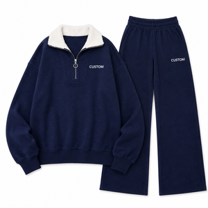 Ensemble deux pièces tendance pour femme, en molleton mi-lourd, grande taille, avec logo personnalisé, 100% coton, sweat-shirt zippé et pantalon de survêtement, OEM ODM - Product Image 3
