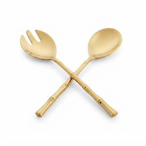 Ensemble de service à salade au design attrayant en bambou doré, cuillère et fourchette en acier inoxydable, ustensiles de table pour hôtel, pour mariage et fête - Product Image 1