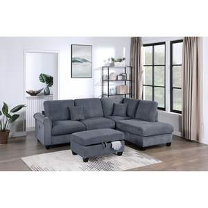 Ensemble de salon rembourré en velours côtelé gris foncé contemporain 3 pièces LAF canapé avec chaise ottoman RAF meuble sectionnel - Product Image 1
