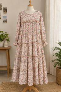 Floral Cotton Wrinkle-Free Floor-Length Maxi Dress Ruffle Tiered Casual <b>Kurti</b> <b>Women</b> Summer Ethnic Style-Georgette Chiffon Stuff - Product Image 5