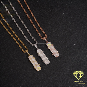 Hip Hop Skateboard Moissanite Diamond Pendant Necklace Made with 925 Sterling Silver Iced Out Baguette Stones and <b>Rope</b> <b>Chain</b> - Product Image 2
