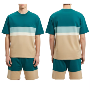 Conjunto de Camiseta y Pantalones Cortos para Hombre con Bloques de Color, Cuello Redondo, Estilo Casual de Verano, Tejido Transpirable de Algodón - Product Image 6