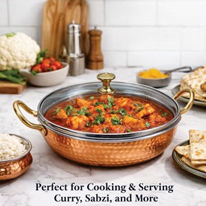 Wok traditionnel en cuivre martelé avec couvercle en verre |   Poêle de cuisson et de service en acier inoxydable pour cuisinière à gaz - Product Image 2