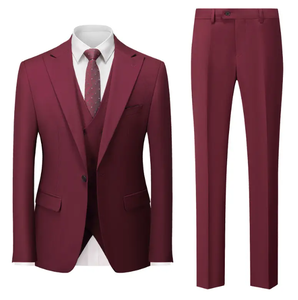 Costume d'affaires bordeaux pour homme, simple boutonnage, col à revers, mélange de laine, infroissable, coupe classique, style britannique - Product Image 1