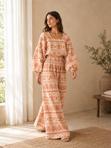 Womens Cotton Jacquard High Waist Wide Leg Pants Geometric Pattern Loose Fit Full Length Summer Resort Trousers - Product Image 3