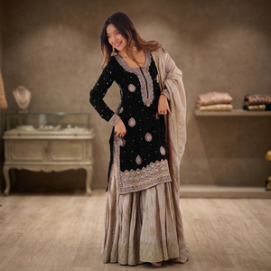 Black Embroidered <b>Kurta</b> With Sharara And Dupatta Traditional Indian Pakistani Wedding Wear For Women's Set - Product Image 1