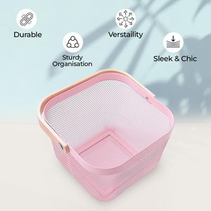 Elegant Pink Metal <b>Mesh</b> <b>Storage</b> <b>Basket</b> with Wooden Handle - Product Image 4