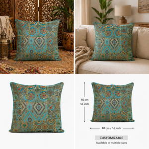 Housse de coussin carrée luxueuse et confortable en brocart bleu turquoise vintage, patchwork, 100 % polyester, fermeture éclair, pour hôpital - Product Image 5