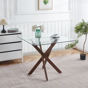 Tavolo da Pranzo Moderno Color Noce con Gambe Incrociate in Metallo e Piano in Vetro Temperato Salvaspazio per Cucina e Soggiorno - Product Image 2