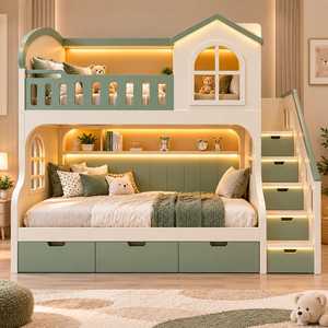 Modern Kids House Style <b>Bunk</b> <b>Bed</b> with Built In Storage Staircase LED Lighting Safety Guardrail Loft Sleeper Lower Double <b>Bed</b> - Product Image 6