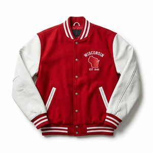 Chaqueta Universitaria de Wisconsin para Hombre, Roja y Blanca, con Mangas de Cuero PU, Bordada, Estilo Bomber, para Otoño, Uso Casual - Product Image 6