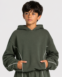 Sweat-shirt à capuche décontracté surdimensionné pour garçon, personnalisé, vert kaki avec lignes contrastées, en polaire premium, modèle OEM - Product Image 1