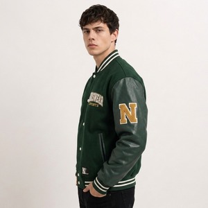 Wholesale Premium Quality Men's Green Varsity <b>Jacket</b> PU <b>Leather</b> Sleeves Chenille Patches Preppy Style Men Varsity <b>Jacket</b> - Product Image 5