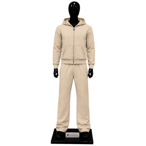 Ensemble de survêtement beige clouté pour homme – Hoodie zippé et pantalon – Tenue décontractée streetwear – Survêtement de jogging personnalisé en gros – Vêtements de sport 100 % coton - Product Image 1