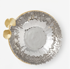 Bol décoratif élégant en argent avec accents de feuilles d'or, pièce maîtresse artisanale glamour pour mariage, cadeaux et décoration de salon - Product Image 2