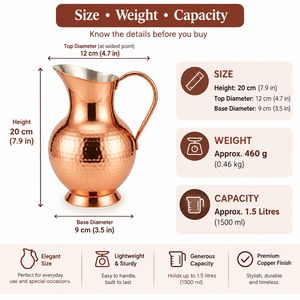 Grande carafe à eau en cuivre pur martelé avec poignée en cuivre, carafe traditionnelle ayurvédique pour le stockage de l'eau, vaisselle de service - Product Image 5