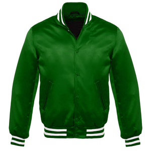 Unisex Classic Satin Varsity Bomber Jacket <b>Green</b> Blue Black Collection Striped Ribbed Trim Zipper Closure Sporty Stand Patchwork - Product Image 1