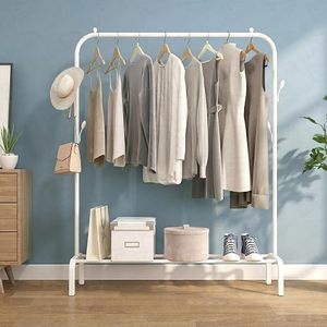 Minimalist Standing Metal Clothing Rack With <b>Shoe</b> Shelf And Basket <b>Storage</b> For <b>Wardrobe</b> Use Height Adjustable Double Tier Design - Product Image 5