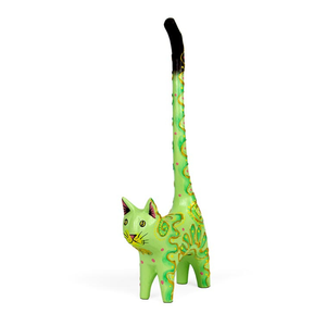 Statue artisanale en bois d'albizia, queue de chat verte et or, figurine animale, artisanat de Bali, décoration intérieure, sculpture en bois, cadeau, artisanat en bois - Product Image 1