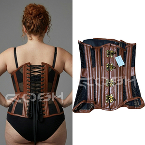 Corsé de cuero marrón para mujeres con curvas, con detalles de malla negra. |   Faja Reductora de Cintura Estilo Gótico Steampunk - Product Image 5