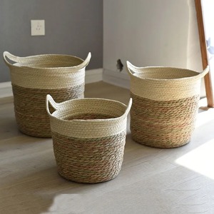 Ensemble de 3 paniers ronds en jonc de mer avec garniture en tissu, paniers de rangement faits à la main, vente en gros, écologiques, fabriqués au Vietnam - Product Image 3