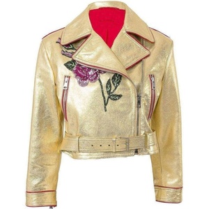 Blouson de motard pour femme en cuir véritable métallisé doré, double boutonnage, fermeture éclair asymétrique, col montant, style universitaire, OEM - Product Image 6