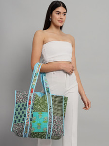 Handmade Vintage Large Tote Handbag Quilted <b>Patchwork</b> Indian Cotton Washable Grocery <b>Bag</b> Printed Design for Women's Daily Use - Product Image 2