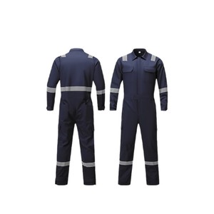 Combinaison de travail unisexe bleu foncé avec bordure orange, bretelles réglables, plusieurs poches, usage industriel, polyester, certifiée CE, personnalisable - Product Image 3