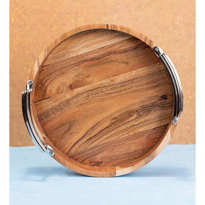 Plateau de service rond artisanal en bois d'acacia avec poignées métalliques robustes, plateau décoratif pour centre de table et décoration intérieure - Product Image 6