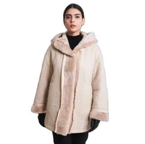 Top quality italian handmade reversible women shearling coat in genuine fur and quilted fabric for fashion casual look