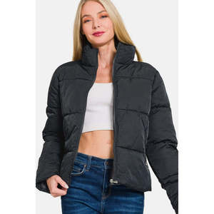 Chaqueta Acolchada Negra con Cierre y Cuello Alto para Mujer, con Bolsillos Prácticos, Talla S - Product Image 1