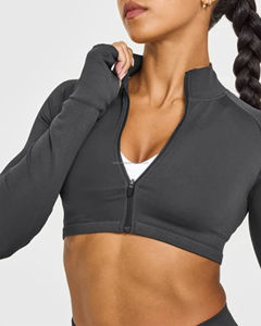 Chaqueta deportiva de yoga para mujer con cremallera completa, antiestática, con orificios para los pulgares, cuello alto, ajuste ceñido, para correr y gimnasio, venta al por mayor - Product Image 4