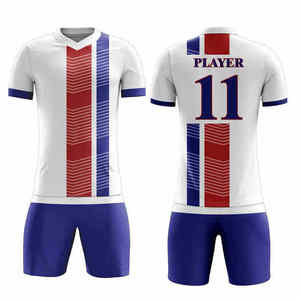 Men's White Red Blue Striped Soccer Jersey Short Sleeve V-Neck Breathable 100% Polyester <b>Athletic</b> Fit Uniform All Seasons - Product Image 5
