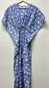 Vestido Kaftán con Estampado Floral de Verano para Mujer |   Caftán de algodón de corte holgado con mangas cortas |   Vestido largo con cintura ajustable con cordón - Product Image 3