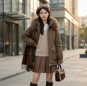 Chaqueta Acolchada Marrón para Mujer con Capucha de Piel, Cierre de Cremallera, Manga Larga, Resistente al Viento, Abrigo de Invierno con Relleno Grueso de Poliéster - Product Image 1
