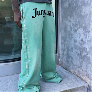 Pantalones Jogger de Algodón Grueso con Logotipo Personalizado, Pantalones Deportivos Anchos con Pedrería, Estilo Vintage, Lavado y Decolorado para Hombre - Product Image 3