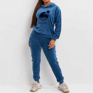 Conjunto Deportivo de Terciopelo Azul para Mujer con Capucha y Estampado de Personajes, Pantalones Largos con Bolsillos Laterales, Ropa Casual de Otoño - Product Image 4