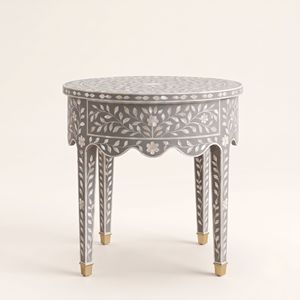 Mesita de Noche Redonda Gris Premium de Nácar con 1 Cajón, Incrustaciones Florales, Diseño Floral Artesanal, Muebles de Dormitorio - Product Image 2