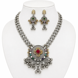 Antique Two Tone Oxidized Silver Rhodium Plated Bohemian Lovers Zircon Bezel Setting Fashion Costume <b>Statement</b> <b>Necklace</b> Dangle - Product Image 1