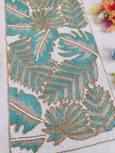 Handmade Bohemian Fabric <b>Table</b> <b>Runner</b> Rectangle Teal <b>Gold</b> Leaf Design Luxury Style Eco-Friendly Lightweight Durable Mats Pads - Product Image 5