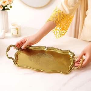 Plateau de service antique doré avec poignées, plateau décoratif vintage en métal pour bijoux, plateau de luxe pour buffet et table basse, pour la décoration intérieure - Product Image 1